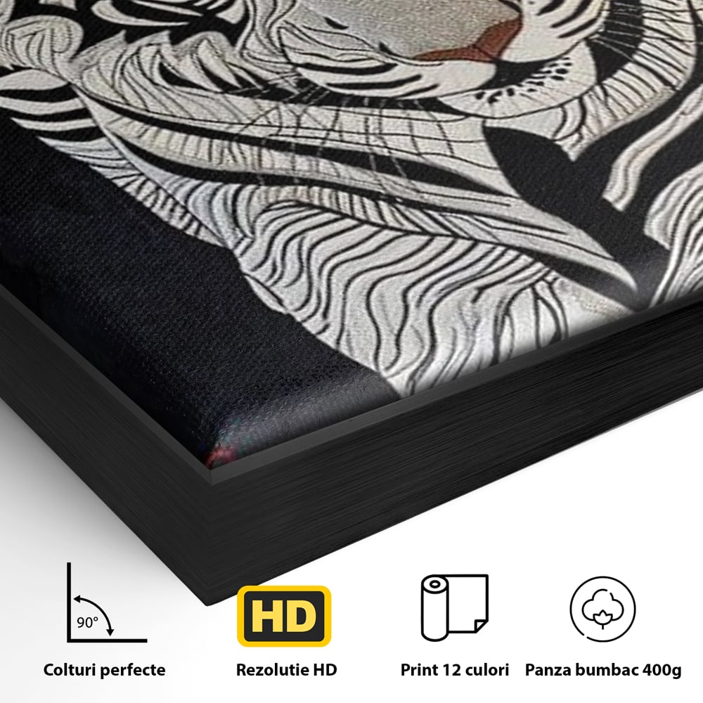 Detaliu al suprafetei: tablou vertical cu tigru alb pe fundal negru, in rama de aluminiu negru